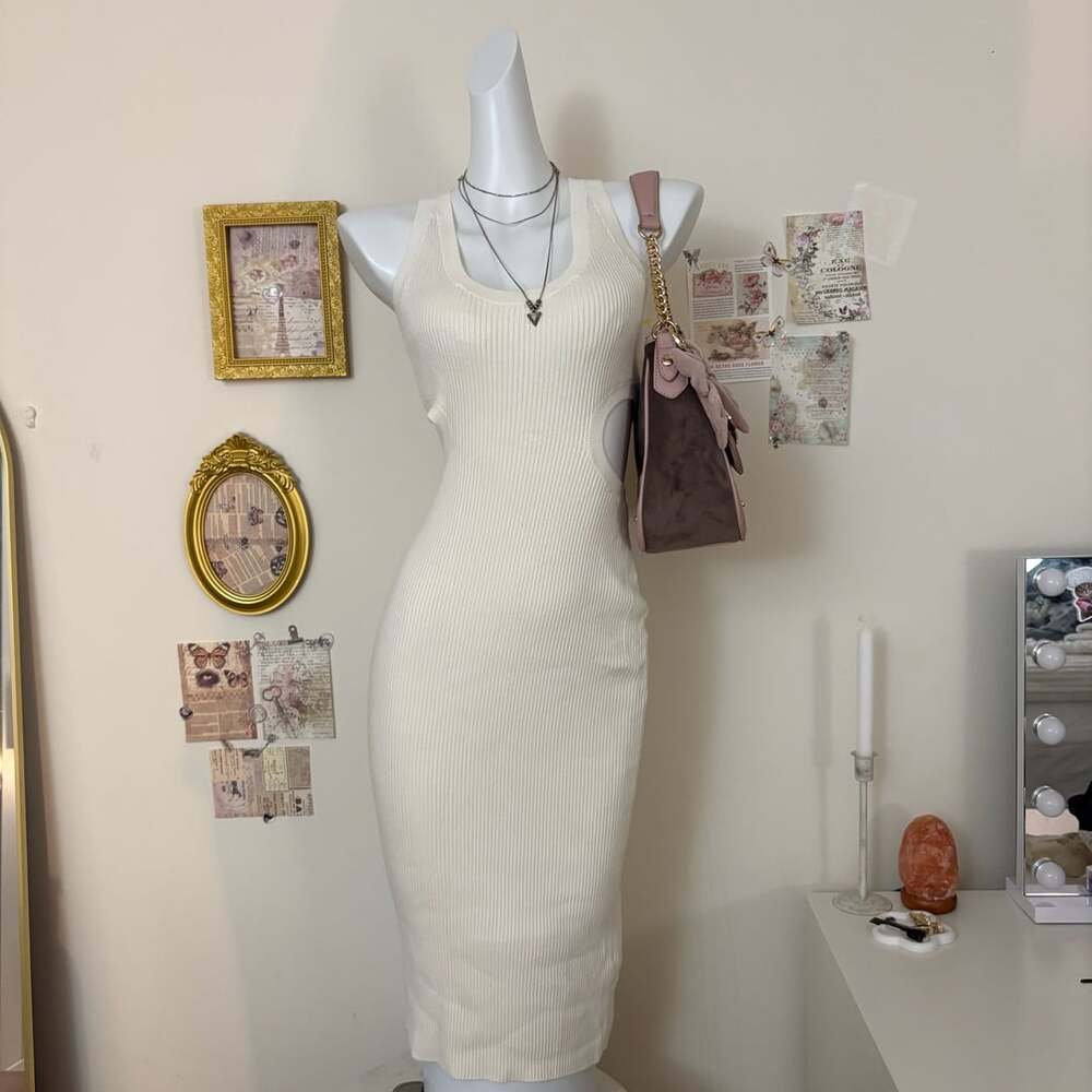 Abercrombie & Fitch Ribbed Cutout Midi Dress Size S White